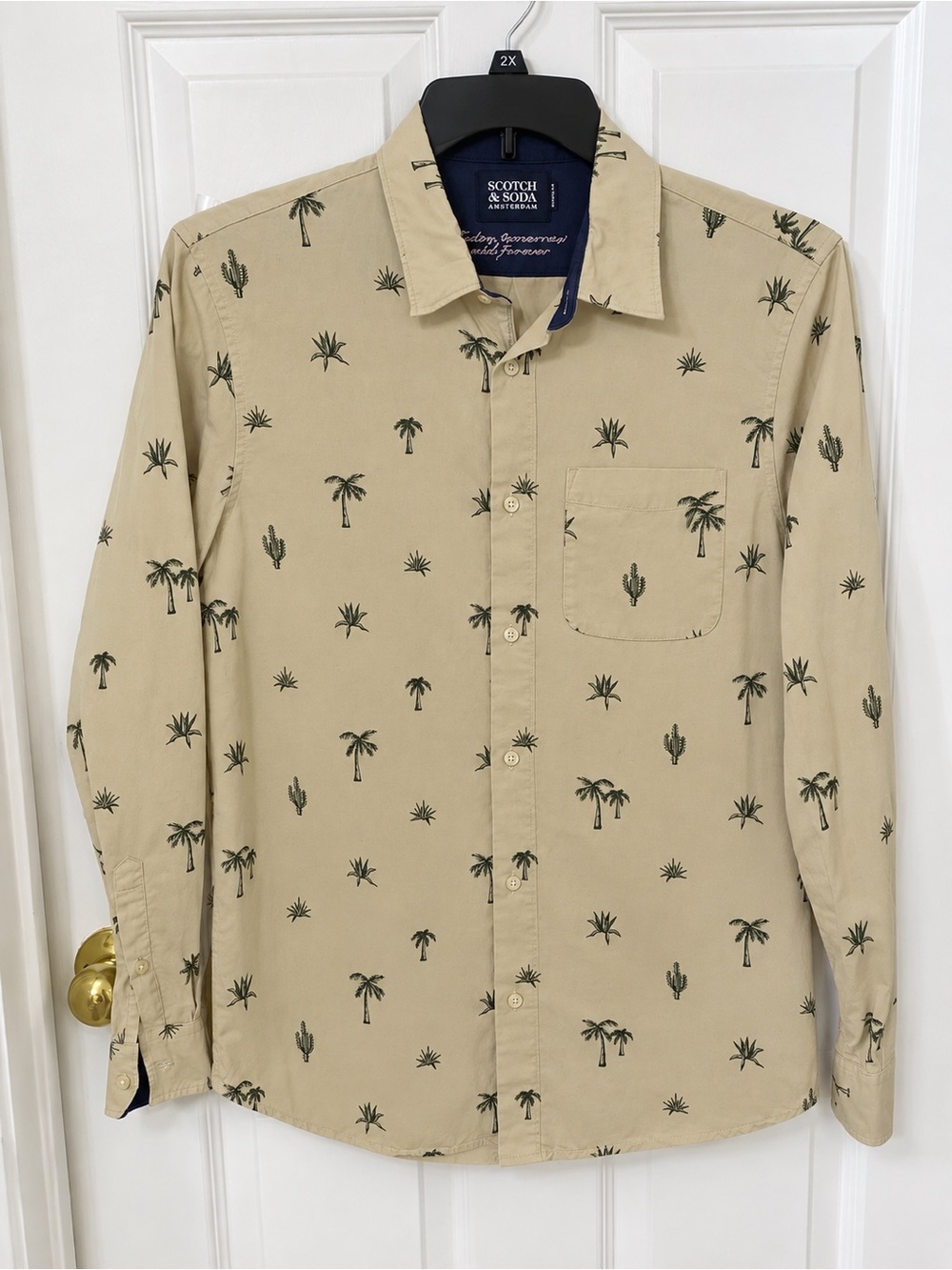 Scotch & Soda Beige Button-Down Shirt with Green Palm & Cactus Motif